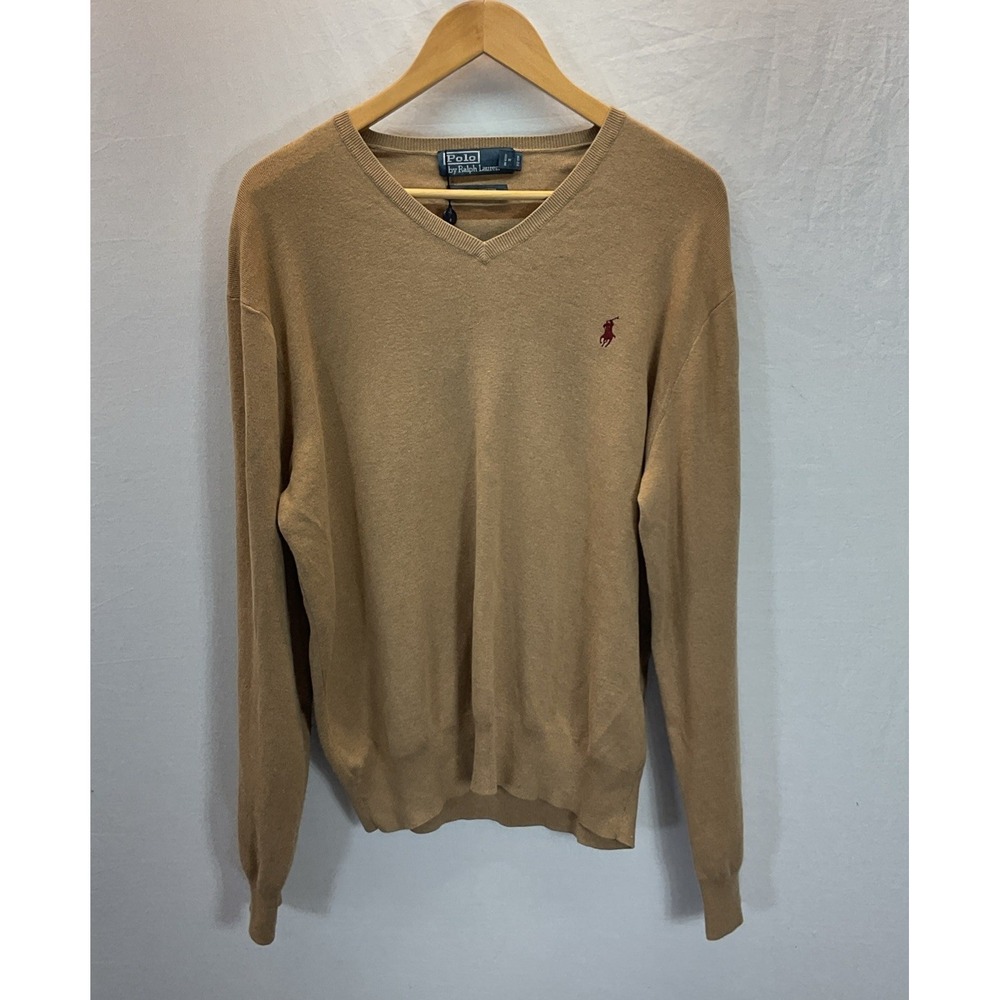 NEW Vtg 90s Polo Ralph Lauren V-Neck Sweater Light Brown 100% Pima Cotton XL
